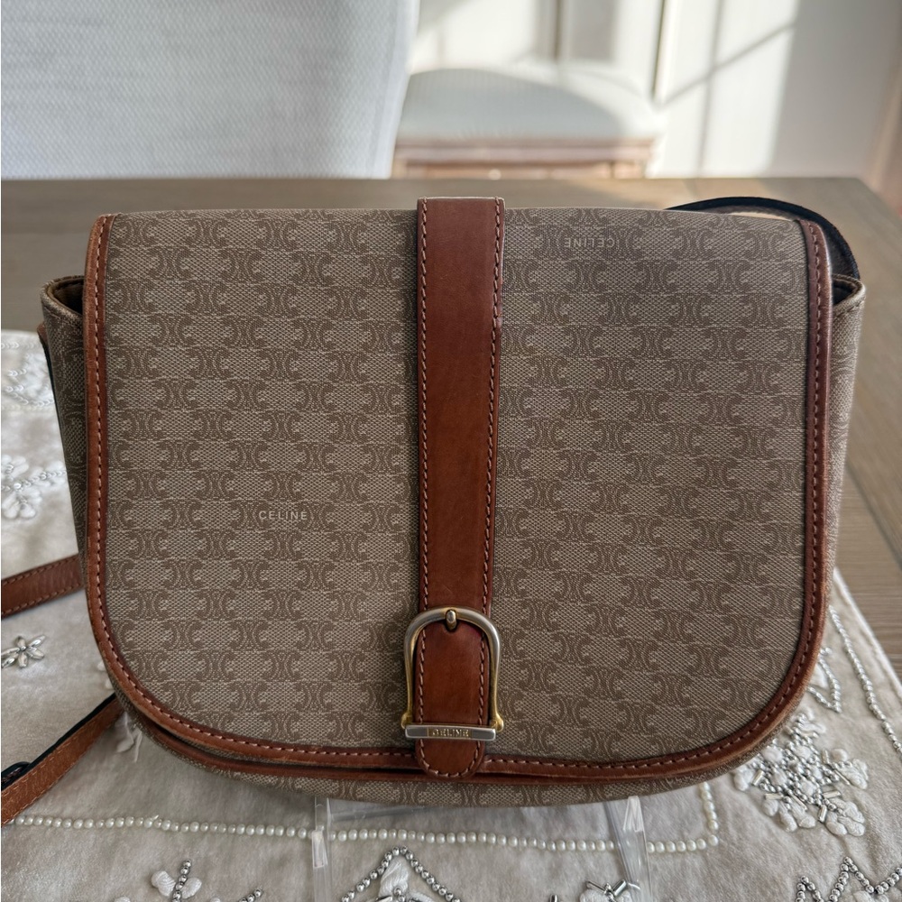 Celine Brown and Tan Crossbody Bag with Leather Accents
